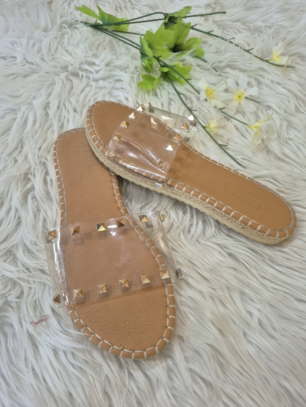 Tan Espadrille Slide Sandals with Clear Studded Strap Size 9.